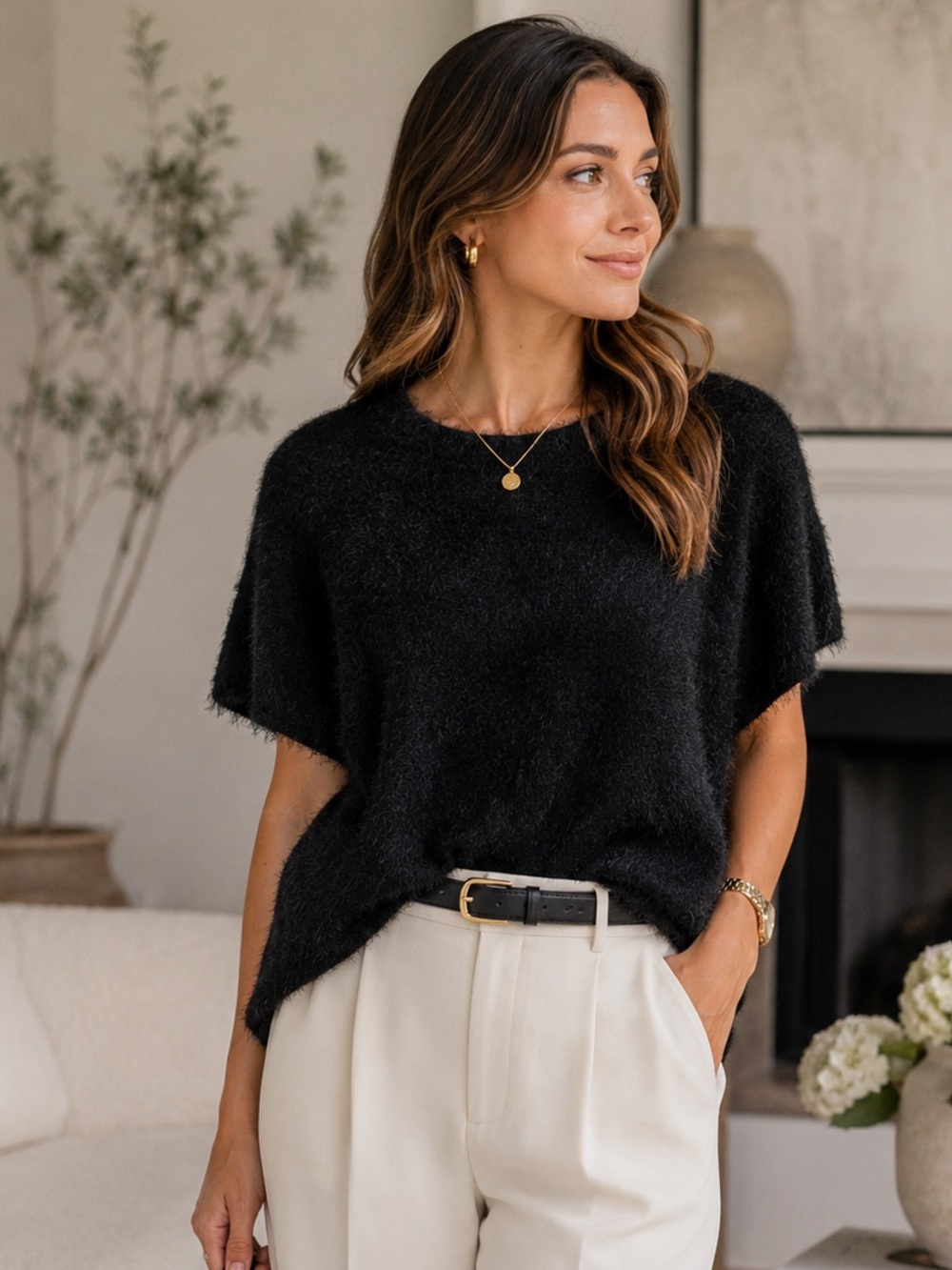 NWT KNOT SISTERS Minimalist Luxury Boho Black Nina Eyelash Fringe Sweater, S